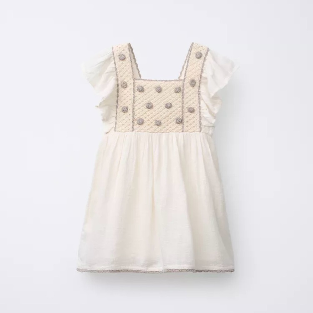 ZARA Cream and Gray Ruffle Crochet Dress